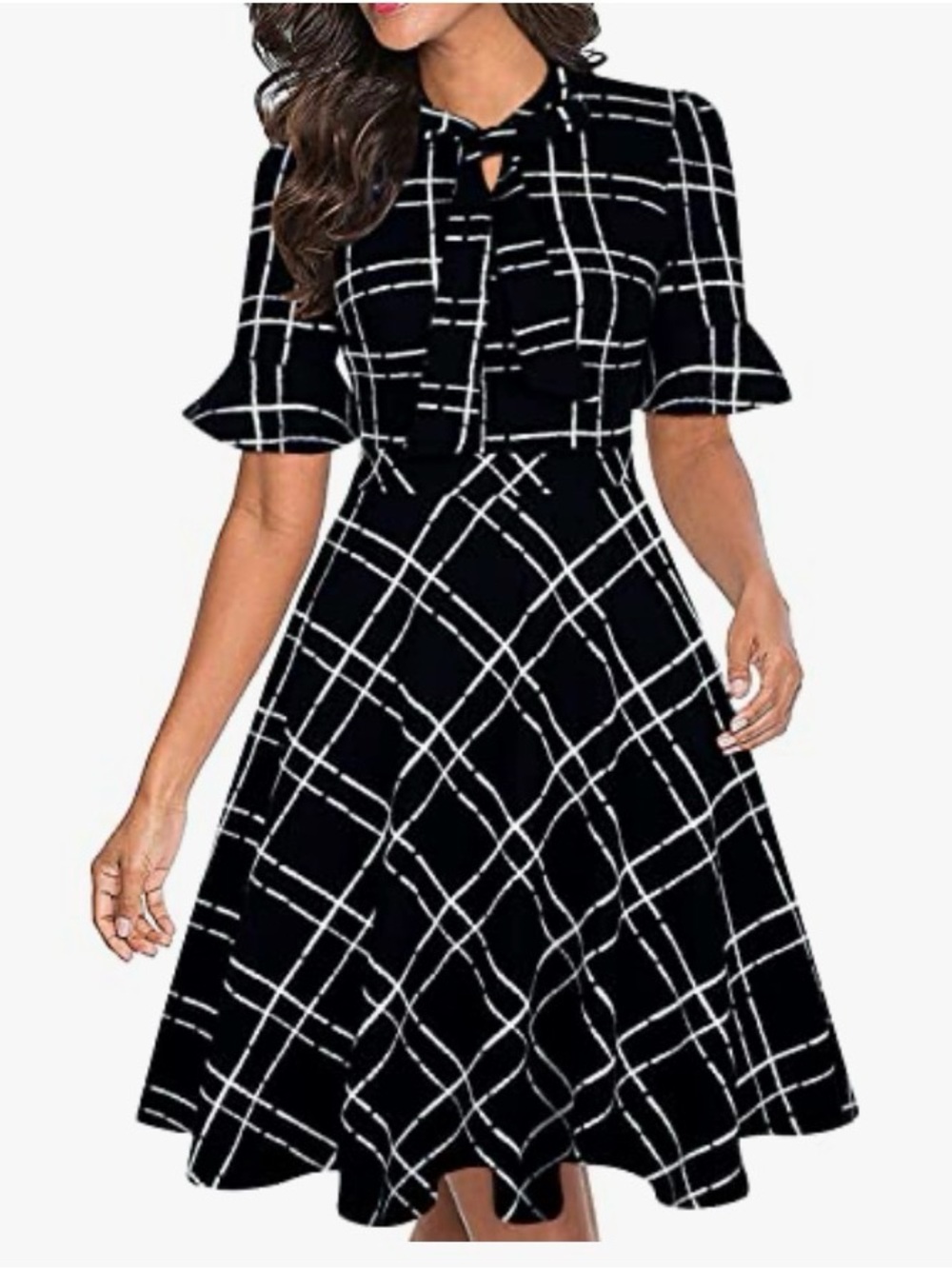 Black & White Windowpane Tie-Neck Midi Dress